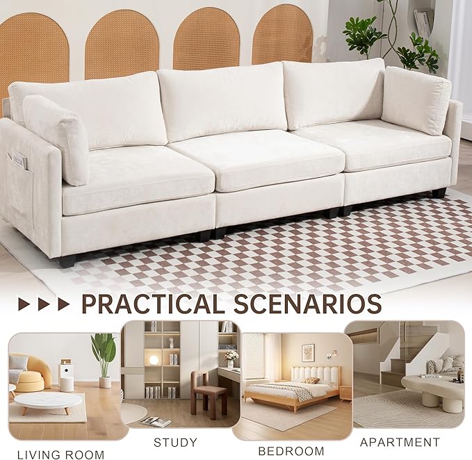 111 Sofas for Living Room 3 Seater Couch with 2 Pillows Modern Comfy Chenille Couches with Storage Bag Deep Seat Sofa for Apartment Small Space Beige