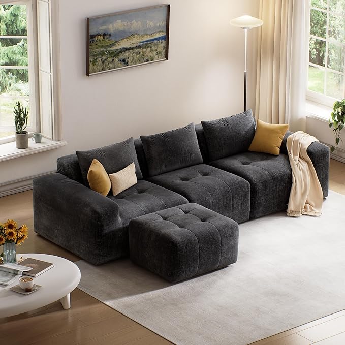 Maupvit 108 Modular Sectional Sofa Modern Cloud Couch L-Shaped Convertible Sleeper Sofa Bed with Movable Ottoman Deep Seat Boneless Comfy 3 Seater Couches for Living Room Black | Breathable materi