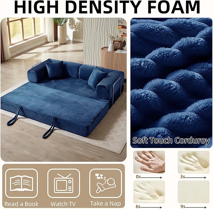 Convertible Folding Sofa BedFold Out Floor Sofa Couch with Fixed-Shape FrameCorduroy Foldable Mattress Cloud Couch for Living Room Bedroom (Blue 81 Inch)