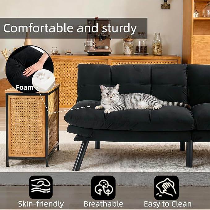 71-inch Microfiber Upholstered Futon Sofa Bed - 2 Seats Adjustable Arms/Back Iron Legs | Convertible to Sleeper for Main Living Spaces Bedrooms Offices (Black+2Seat)