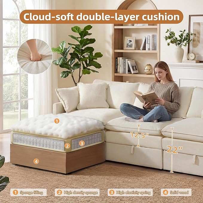 WorthFurni Modular Sectional Sofa with Storage Ottomans102 U-Shaped Cloud CouchComfy Modern Couches with Pillows &amp Upholstered Deep Seat Cushion for Apartment Living Room Bedroom（Beige）