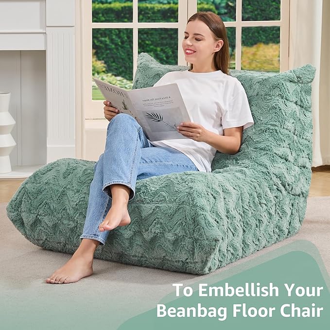 Bean Bag Chairs for Adults Giant Bean Bag Chair Memory Foam BeanBag Chair Bean Bag Sofa with Filler Faux Fur Fireside Beanbags Lazy Sofa for Living Room Bedroom Office (Green Chevron Single)