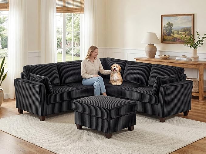 VANOMi Sectional Cloud Modular Sofa Corduroy Fabric L Shape Sofa with Storage OttomanU Shape Sectional Cloud Couch 6-Seat Upholstered Corner Couch for Living Room Charcoal Black | Sectional Cloud