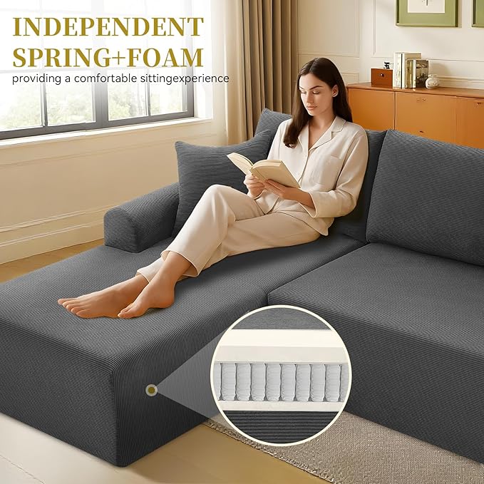 Modular Sectional Couch in a Box 103 L Shaped Boneless Cloud Couch with Deep Seat Convertible Sofa Bed for Living Room Bedroom Apartments No Assembly Required Grey Left Facing Chaise