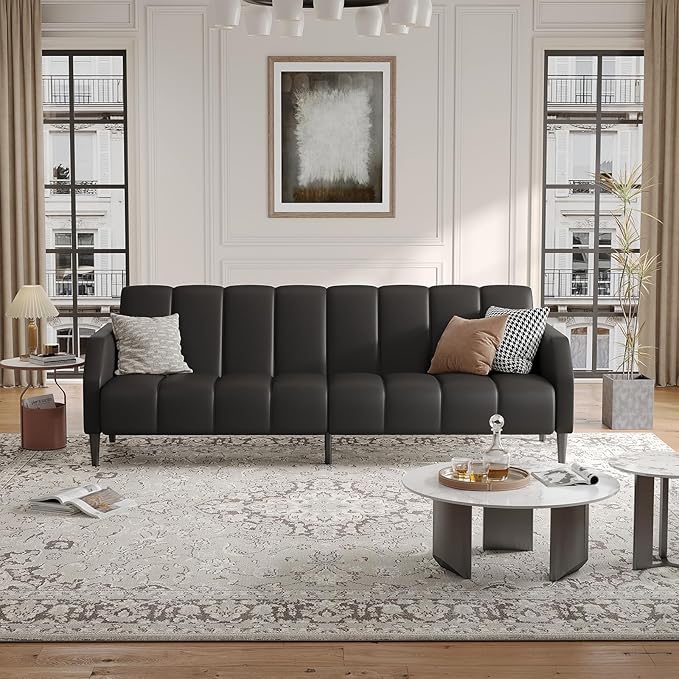 Fadware Faux Leather Couch Convertible Futon Sofa Bed with Adjustable Backrest Mid Century Leather Sofa Loveseat with Side Pockets&amp Metal Leg Modern Leather Sleeper Sofa for Living Room Bedroom