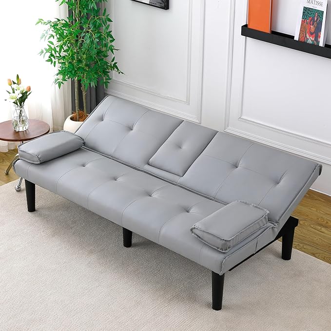 67Modern Futon Sofa BedConvertible 3 in 1 Sleeper Bed Couches with Adjustable BackrestCup HoldersComfy PU Leather Recliner Sofa Loveseat with Chrome Legs for Small Home Living Room (Grey)