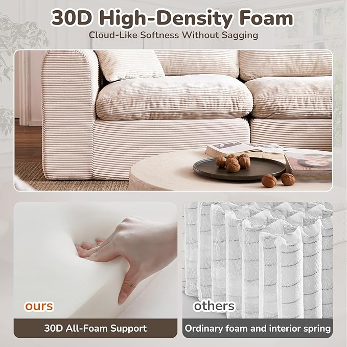 108 Cloud Sectional Couches for Living Room Convertible L-Shape Boneless Couch with Ottoman 4 Seater Modular Cloud Sofa with Deep Seat (Beige3 Seater + 1 Ottoman)