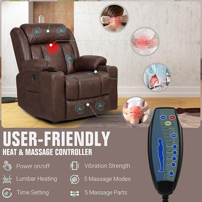 LEVELEVE Retro Rocking Recliner Chair Massage Chair with Vibration Massage and Heat USB and Type-C Ports360° Swivel ChairsLiving Room Bedroom Nursery RV Brown