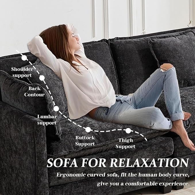 SoarFlash 113.78 Chenille Sectional Sofa Comfy L Shaped Modular Coush Sofa with Ottoman Modern 4 Seat Couch Deep Seat Sofa Set for Living RoomBlack