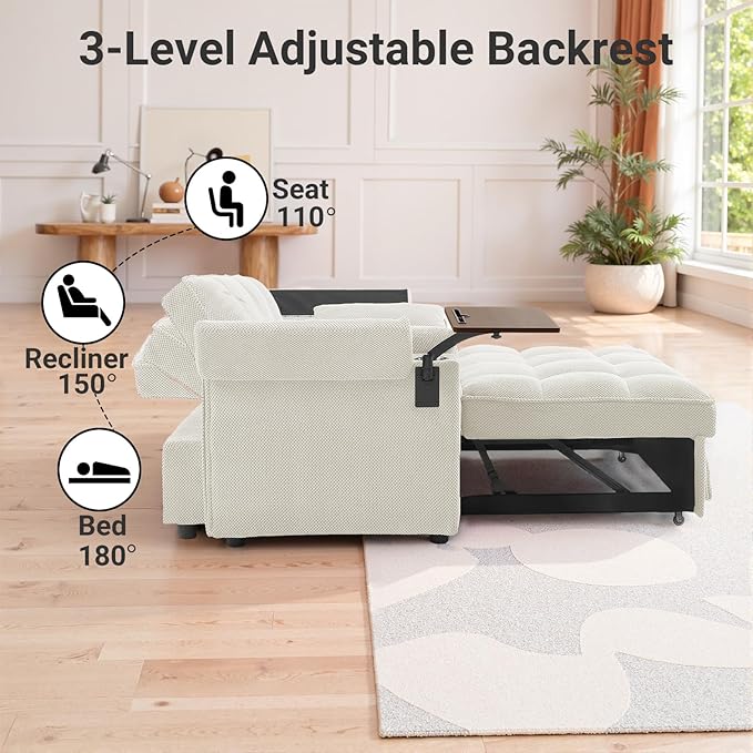 65'' 3-in-1 Sleeper Sofa Bed Convertible Loveseat with Pull-Out Couch USB &amp Type-C Ports Side Table Adjustable Backrest &amp Boucle Fabric Upholstery for Living Room &amp Office White