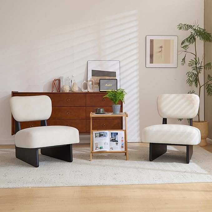 Christopher Knight Home Mores Low Profile Accent Chair Set of 2 Modern Living Room Armless Lounge Chair Fabric Comfy Reading Chair for Bedroom Wooden Frame and Thick Padded Seat Black+White