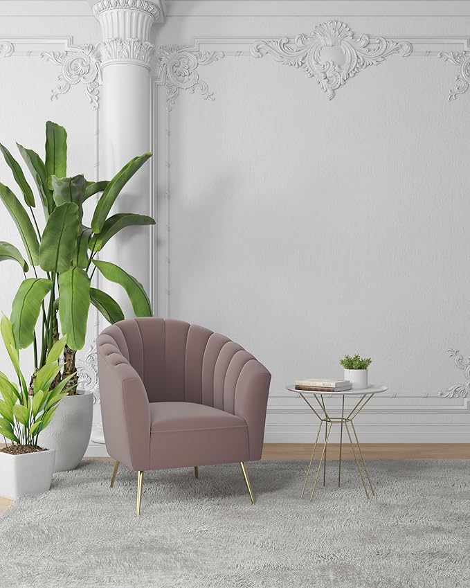 Manhattan Comfort Rosemont Velvet Accent Armchair Scalloped Chair with Mid-Century Modern Shell-Style with Wraparound Back Vertical Channeling Ideal for Living Room Use Set of 1 Blush