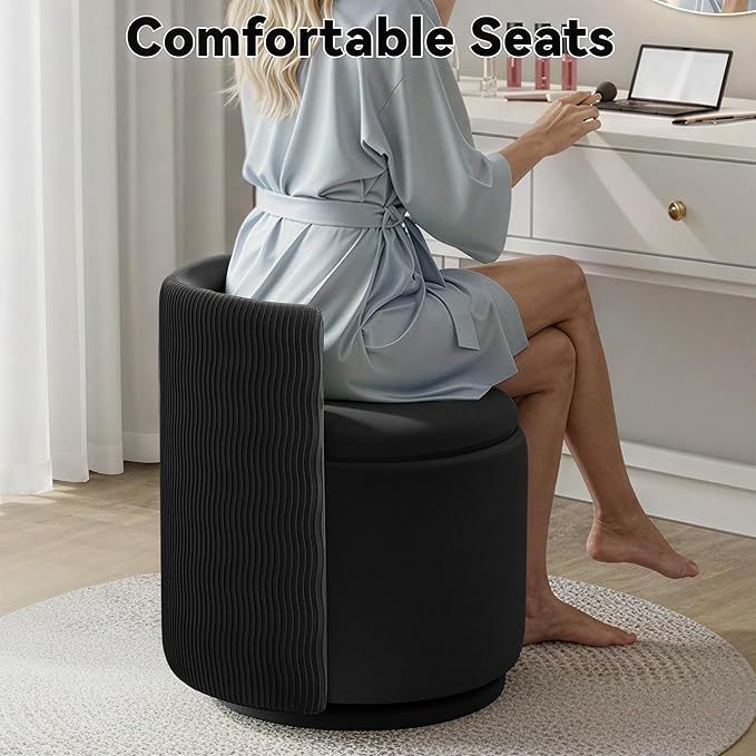 360° Swivel Velvet Vanity Chair with Storage Barrel Makeup Chair with Wave Back No Assembly Vanity Stool Small Accent Chair for Living Room Black