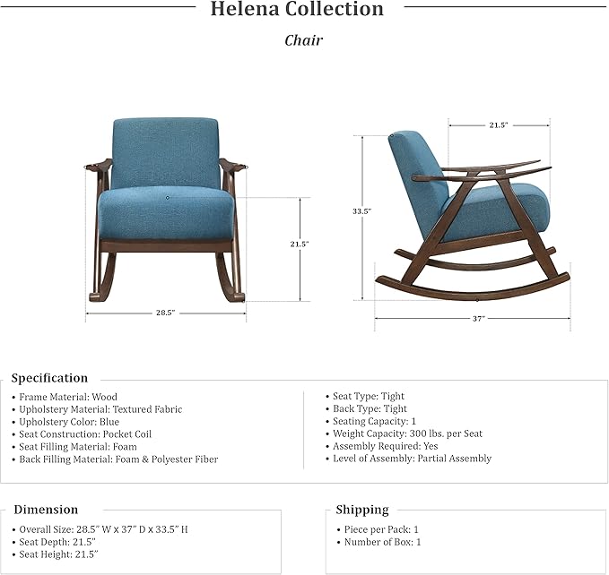 Lexicon Helena 28.5 W Fabric Wood Arm Rocking Chair Blue