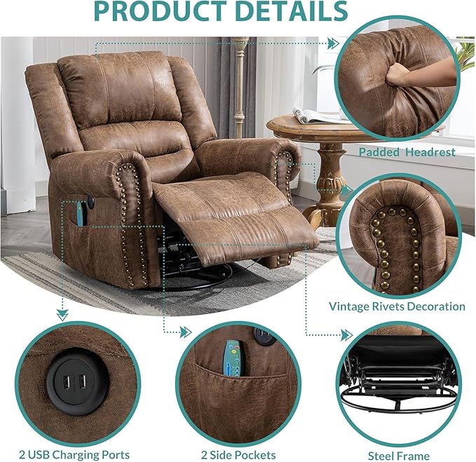 MEETWARM Oversized Massage Rocking Recliner Chair with Heat Manual Glider Swivel Rocker Recliner with High Back 360°Swivel Nursery Reclining Sofa with Remote Control/USB Port for Living Room(Brown)