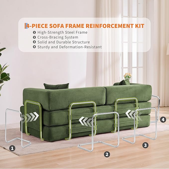 Convertible Sleeper Sofa Bed 78.8 Floor Sofa Bed 5-in-1 Folding Mattress Couch Loveseat with Fixed-Shape Frame Pillow Corduroy Fabric for Living Room Bedroom Lounge Green