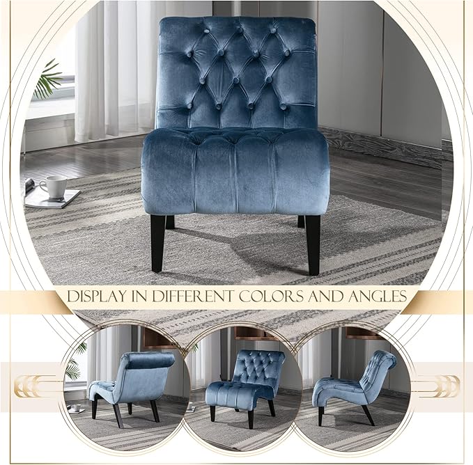 KINFFICT Velvet Accent Lounge Chair for Living Room Modern Leisure Chair with Tufted Backrest Indoor Armless Side Chair Upholstered Bedroom Sleeper Chairs with Solid Wood Legs