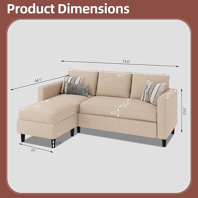 JAMFLY Sectional Couch Sofa Convertible L Shaped Sofas Couch with Ottoman Small Sectional Sofa for Living Room 3 Seater for Small Spaces Khaki
