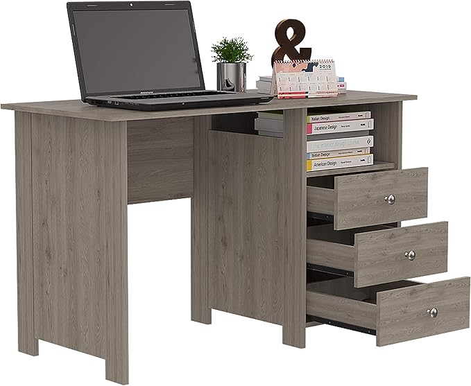 Compact Corner Desk | Open Shelf &amp 3 Drawers | Light Gray | Home Office | Workstation