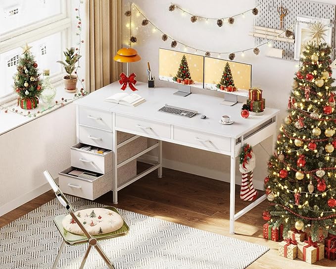 ODK Computer Desk with 6 Drawers 48 Inch Office Desk with Storage Reversible Desk with Headphone Hook for Home Office Work Study Table Vanity for Bedroom White