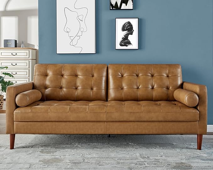 AMERLIFE Leather Sofa Mid-Century Modern Genuine Leather Sofa 3 Seater Comfy Couch for Living Room Home Office -Brown Leather Sofa Couch