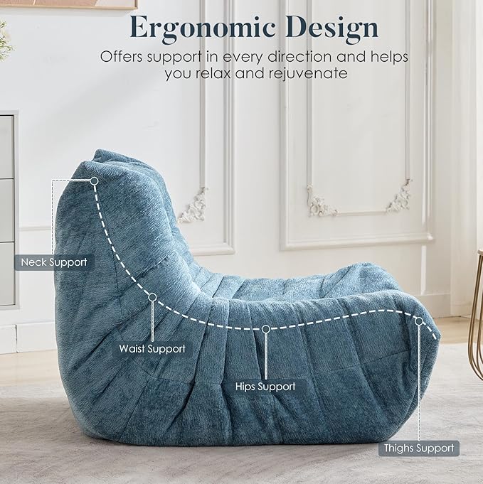 Bean Bag Chair for Adults and Kids Lazy Accent Chair Sofa Couch in Chenille Mid Century Modern Side Chair for Bedroom Office Apartment Gaming Venue Green