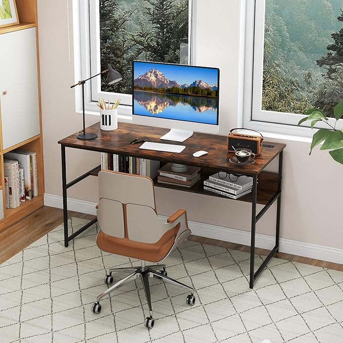 Giantex 55 Inch Computer Desk with Charging Station Gaming Desk with Storage Bookshelf Large Computer Workstation w/Heavy Duty Metal Frame Modern Study Writing Desk for Home Office (Rustic Brown)