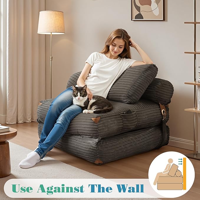 Folding Sofa Bed Convertible Sleeper Chair with Pillow Back Support Foldable Corduroy Futon Floor Couch Comfy Fold Out Chair Bed for Living Room Bedroom Dorm Grey