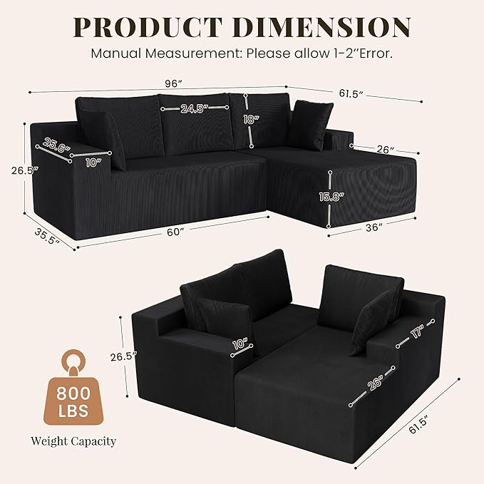 Cloud Sectional Boneless Couches for Living Room Modular L Shaped Couch with Deep Seat Oversized Right Facing Chaise Memory Foam Compressed Spineless Sofa for Bedroom Fine-Striped Black | Washable