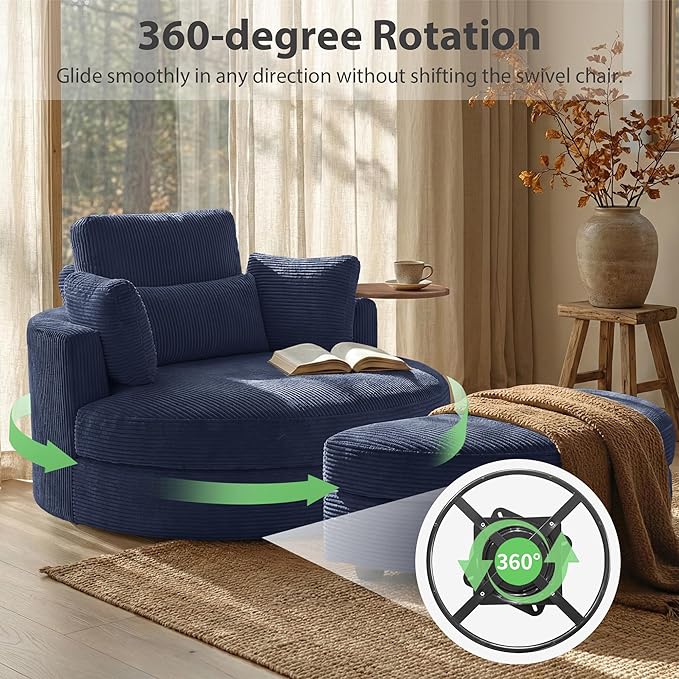 Yoglad 51” Swivel Barrel Chair with Storage Ottoman Corduroy Upholstered Accent Chair and A Half with Tray Table Oversized Chaise Lounge Round Sofa Chair for Living Room Bedroom(Blue)