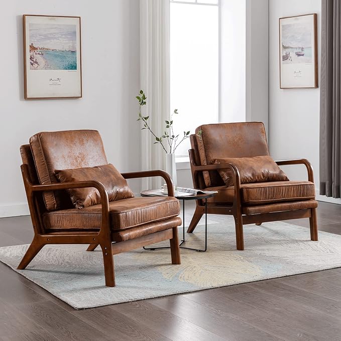 Accent Chair - Mid-Century Modern Chairs Living Room Furniture Set Bedroom Reading Solid Wood Arm Chair w/Lumber Pillow Comfy Cushion Ergonomic Lounge Armchair Office Side Chair (Coffee Set of 1)