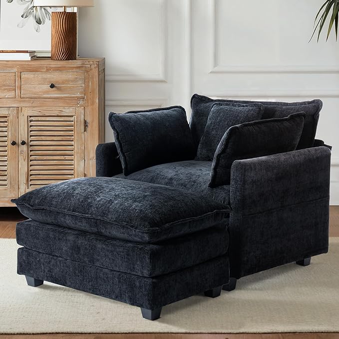 SweetGO corporation 40 Chenille Lounge Chair for Reading Modern Couch Cozy Sofa Bed Upholstered Living Room Single Sofa Accent Chair with Ottoman Black