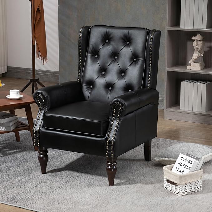 Brown Leather Accent Chair with High Back Vintage Tufted Wingback Chair with Arms &amp Rivet Upholstered Armchair &amp Single Sofa Chairs for Living Room Bedroom Office Apartment (Black)