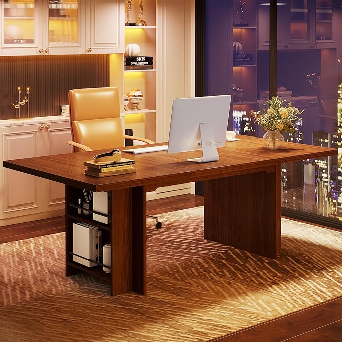 Tribesigns 62.99-Inch Computer Desk Modern Executive Office Desk Large Long Writing Table with Storage Shelves for Office Study Room (Brown)