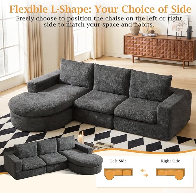 99 Modular Sectional Sofa Cloud Sectional Couch with Neck Pillow &amp Deep Seat Chenille Boneless Couches with L-Shape Chaise for Living RoomNo Assembly Required Grey