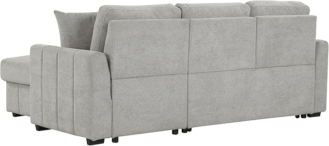 90 L-Shaped Sectional Sleeper Sofa with Reversible Storage Chaise Warp Knitted Fabric Upholstered Convertible Modular Couch with Acacia Wood Frame Drop-Down Center Back Cup Holders (Grey-12.30)