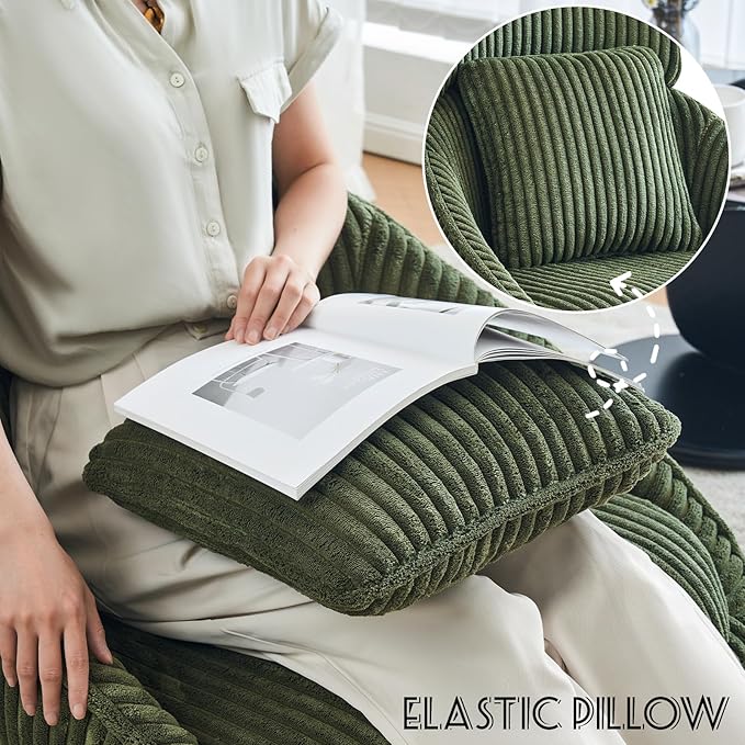 Furniliving Upholstered Swivel Accent Chair for Living Room Modern Armchair Side Chair with Headrest Bedroom Chair with Metal Legs Comfy Sofa Chairs with Pillow Large Corduroy Green