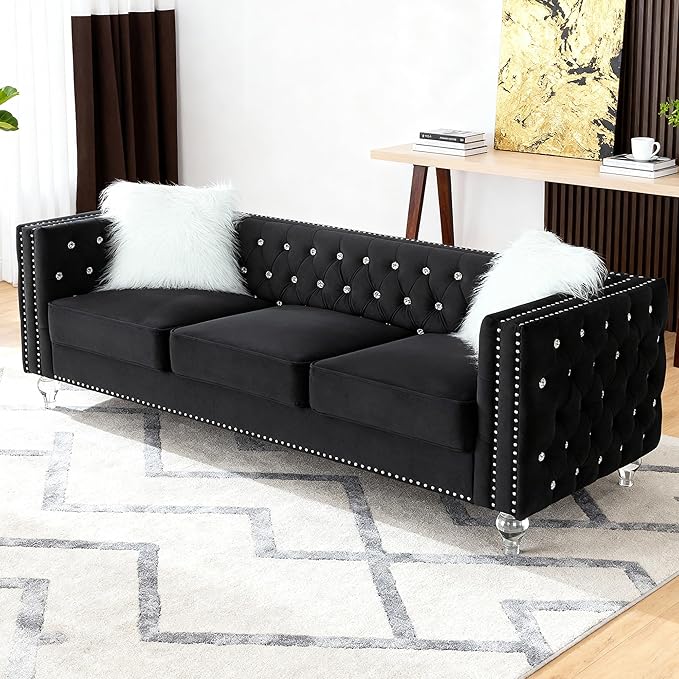 Luxury 3 Seater Sofa Couch with Acrylic Crystal LegsChesterfield 3-Seater SofasModern 83 Diamond Button Tufted 3 Seat Couches with Silver Nailhead Trim for Living Room (Black 3 Seater)