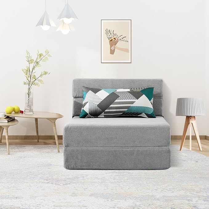 ANONER Folding Sofa Bed Couch Memory Foam Fold Out Chair Bed with Pillow Single Size Convertible Sofa Bed Futon Sleeper Chair Light Gray