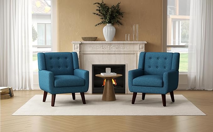 Accent Chairs Set of 2 Mid-Century Modern Upholstered Living Room Armchair Comfy Linen Fabric Single Reading Arm Chair with Tufted Back and Wood Legs for Bedroom Club (2 Dark Teal)
