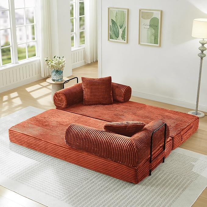 78.5W Convertible Folding Sofa Bed Corduroy Upholstered Queen Size Foam Floor Couch with Fixed-Shaped Frame Loveseat Sleeper Compression Sofa Foldable Mattress for Living Room Bedroom(Orange)