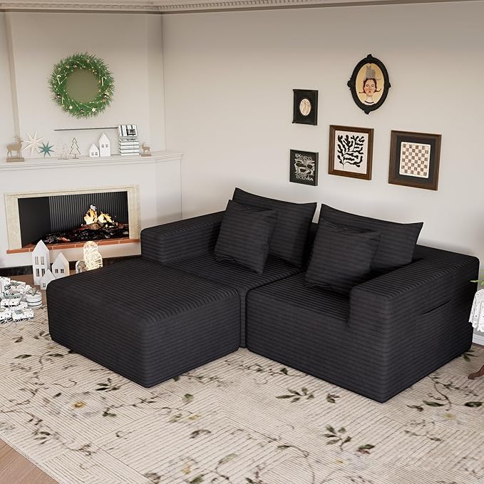 Modular Cloud Couch Sectional Deep Seat No-Bone Corduroy Sofa with Ottoman Oversized Comfy Modular Sofa for Living Room Bedroom Apartment No Assembly Flexible Layout (Black Loveseat+Ottoman)