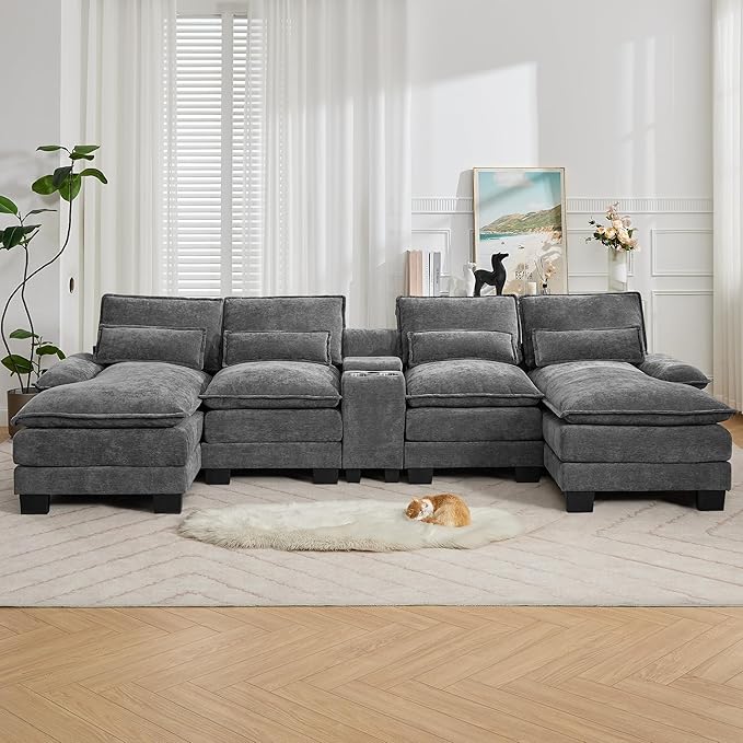 125'' U Shaped Cloud Modular Sofa Chenille Upholstered Comfy Sectional Couch with Storage Console USB Charging Ports &amp Cup Holders Modern Deep Seat Sofa for Living Room Grey