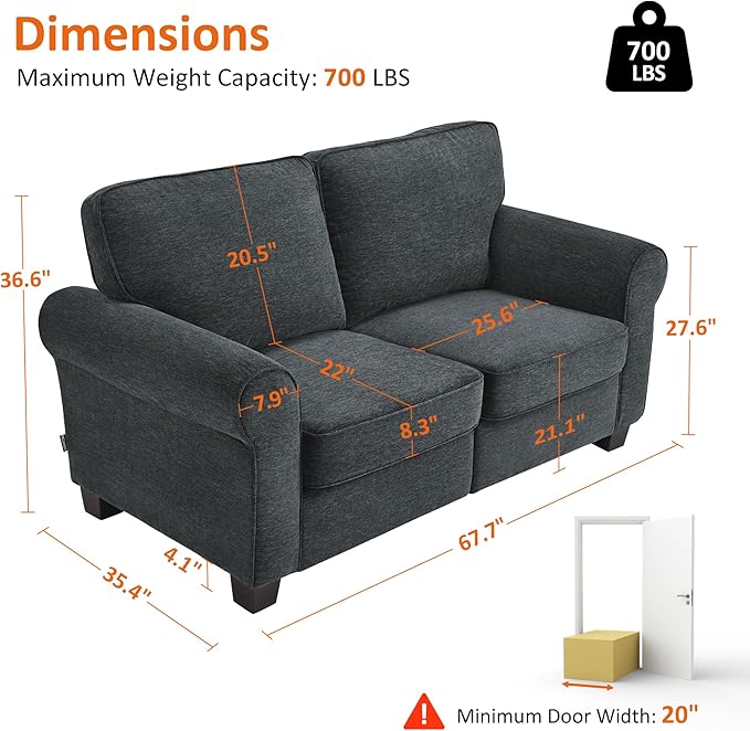MCombo 67.7 Loveseat Sofa 2-Seater Small Couch for Small Spaces Classic Rolled Arm Upholstered Sofa with Solid Wood Legs for Living Room Removable Cover Chenille Fabric VE730 (Dark Grey)