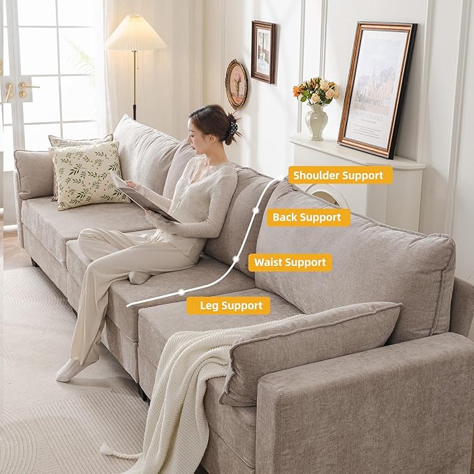135'' Modular Sectional Couch with All Seats StorageOversized 3-Seater Comfy Sofa with 7.8'' Upholstered CushionBig Couches with Throw Pillows for Living RoomBedroomChenilleKhaki