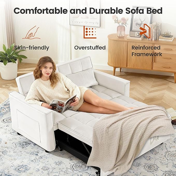 Convertible Sofa Bed Pull Out Couch with Side Pockets 3 in 1 Velvet Fabric Loveseat Sleeper Sofa Bed Pull Out Couch with Adjustable Backrest for Living Room Bedroom Apartment White