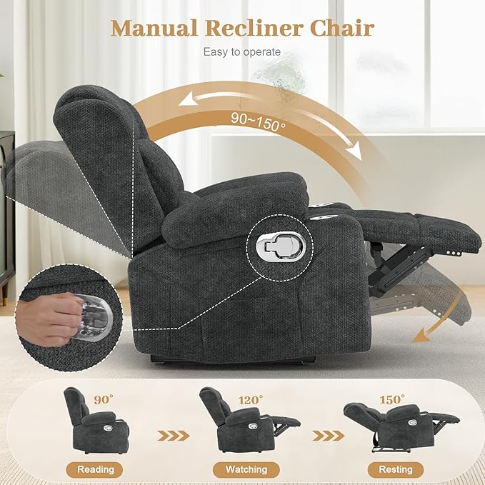 Recliner Chair for Adults Oversized Fabric Manual Pull Tab Reclining Chair with Cup Holders Minimalist Style Single Sofa for Living Room RV (Grey)