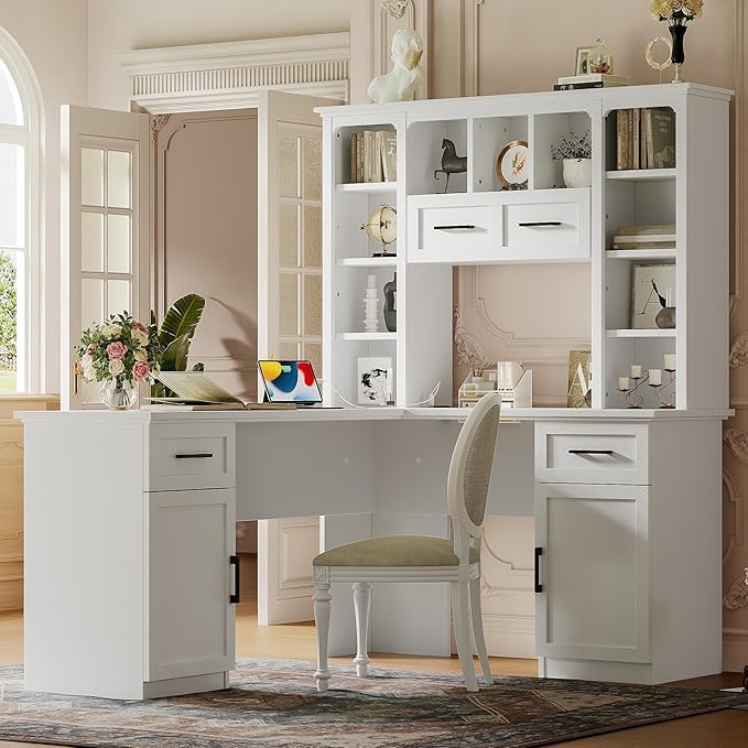 L Shaped Desk with Hutch Corner Computer Desk with Storage Shelf &amp Cabinet Laptop Pc Table Gaming Desk Workstation Modern Executive Study Writing Desk for Home Office Bedroom (White)