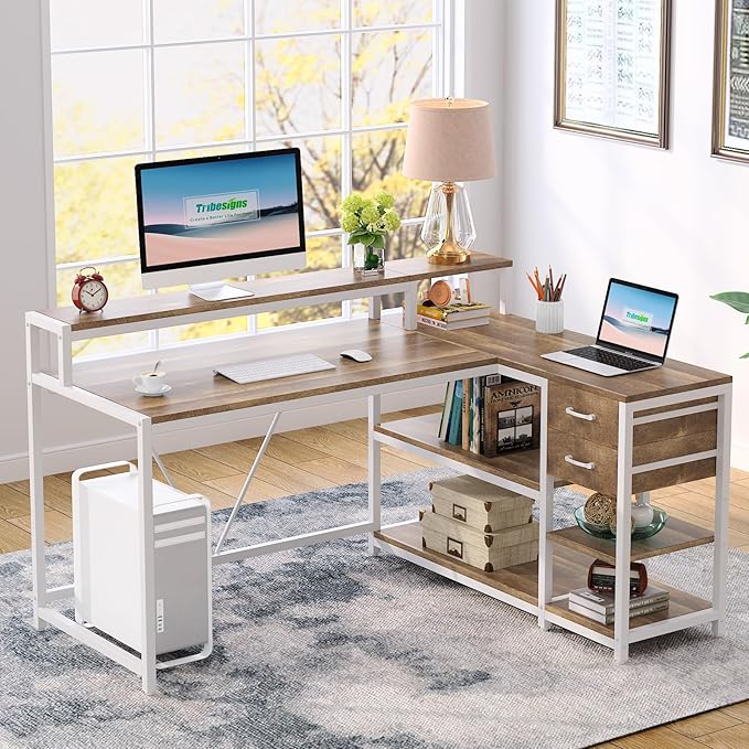 Tribesigns L Shaped Desk with Drawers and Monitor Stand L Corner Desk with Storage Shelves Beige Wooden PC Table for Samll Home Office