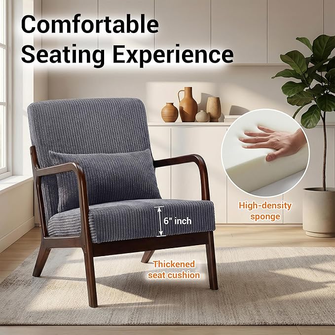 Accent Chair with Side Table Comfy Arm Chair with Solid Wood Frame Upholstered Mid-Century Modern Chair for Living Room Bedroom Waiting Room Dark Grey